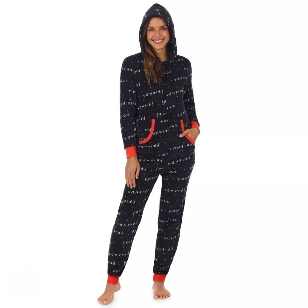 NWOT FRIENDS The TV Series Women's Black & Red Hooded Pajama Onesie Size Small
